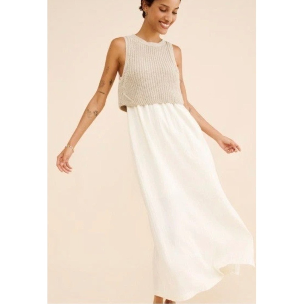 Anthropologie Moth Knit Gauze Maxi Dress Beige XS Tie Back Sleeveless Boho